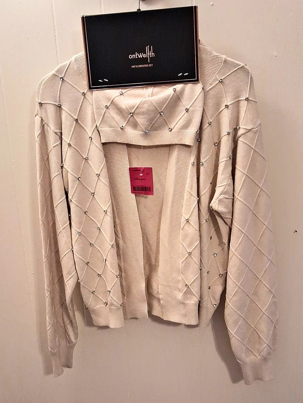 ontwelth Hat & Sweater Set Embellished Geometric Sweater Set in Cream NWT